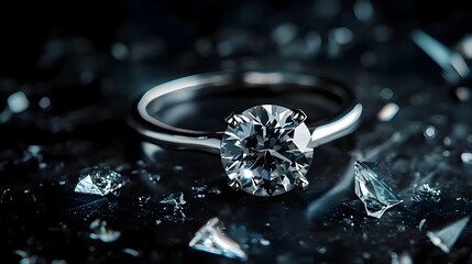 Close-up of diamond ring casting fractured shards of light into surrounding darkness, mysterious high-fashion product photo with moody cinematic style
