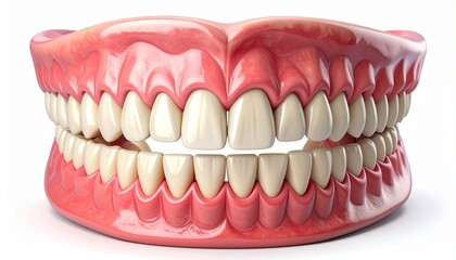Obraz premium A detailed 3D medical illustration of a complete set of human dentures showing realistic gums and teeth