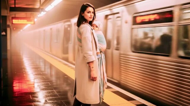 Woman in a light coat stands on a subway platform with a baby, as a train approaches in the fog