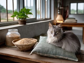 Gray cat rests on a pillow near a window