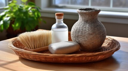 Wicker tray with vase, bottle, brush, and soap