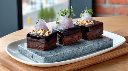 Chocolate dessert squares, artfully arranged on a stone platter, topped with edible flowers and nuts