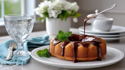 Chocolate-glazed bundt cake on a plate, with mint and water glass