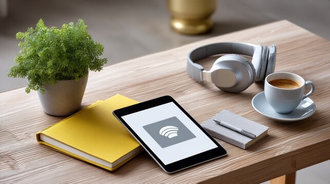 Tablet with wifi symbol, headphones, coffee, and plant on a wooden table