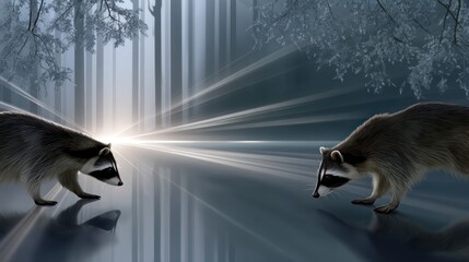 Two raccoons face each other in a winter forest, light rays on a still surface