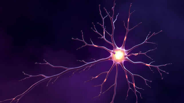 The image shows a stylized depiction of a neuron, its soma glowing brightly, and its numerous dendrites extending outwards, all bathed in a dark, smoky, purplish-blue background.