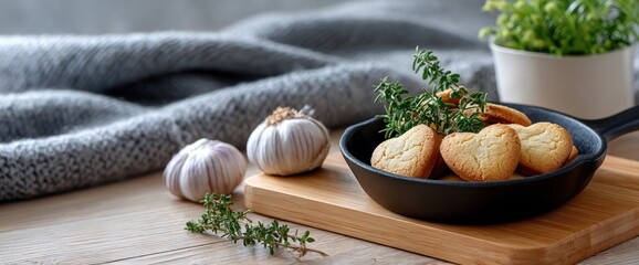 Heart-shaped cookies, garlic, and fresh thyme on a wooden surface with a gray blanket in the background