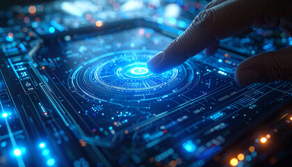 The Future is Now: A close-up shot captures a human finger interacting with a futuristic digital interface, highlighting cutting-edge technology, innovation.