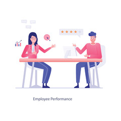 Vector elements of the office environment A man and a woman discussing “Productive Performance” while seated at a table