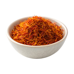 Fototapeta premium Close-up of Saffron Threads in a White Bowl on White Background spice stigmas