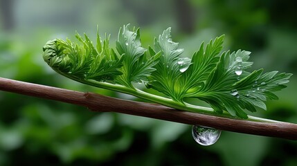 Close-up of a delicate fern sprout with water droplets