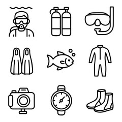 Fototapeta premium Essential Diving Equipment Collection in Outline Style.
