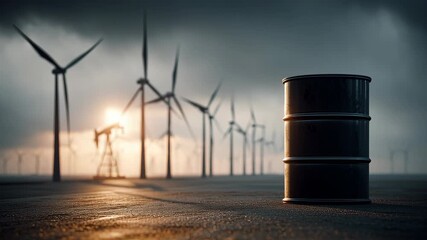 Oil barrel silhouette with wind turbine field sunset moody sky, energy contrast and industrial scene renewable power vs fossil fuel tension amid