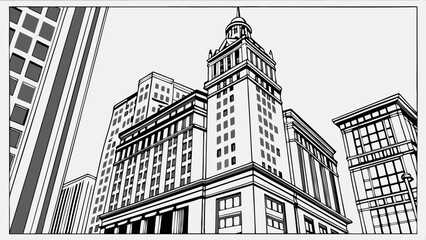 Urban Cityscape Black and White Architectural Illustration Tall Buildings Modern City Downtown Skyline Vector Art Graphic Design Line Art Monochrome Cityscape Illustration Building Faca.