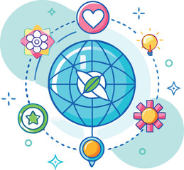 Hero banner: hand-drawn globe with blue-green gradient, neon halo, metallic compass ring, remote-work icons connected by dotted lines, spring blossom motifs — dynamic low-angle composition.