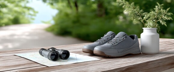 Gray hiking shoes, binoculars, and map on a wooden table outdoors