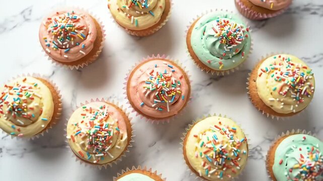 Topdown view of delicious homemade cupcakes with colorful pastel frosting and rainbow sprinkles.
