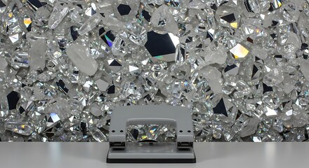 Gray hole puncher with background of many shiny crystals and gemstones