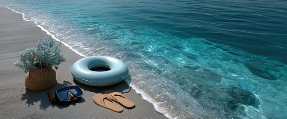 Light-blue inflatable ring, flip-flops, and a woven basket sit on a sandy beach beside turquoise water