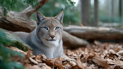 Gray lynx rests in autumn forest