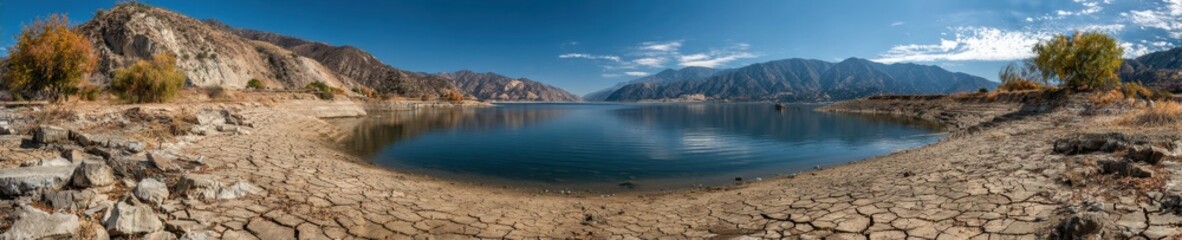 Authentic High-Quality Environmental Drought Impact Landscape Modern Climate Change Awareness with Parched Shoreline for Professional Marketing Campaigns