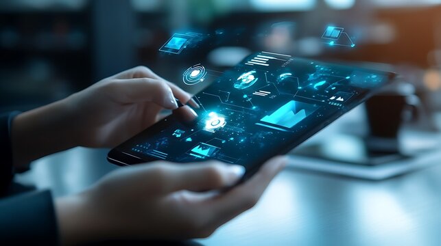 Person using tablet displaying interactive data visualizations with modern technology for showcasing digital innovation advanced tech concept
