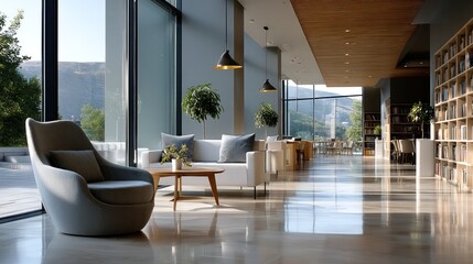 Modern, light-filled lobby with panoramic views