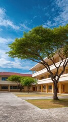 Fototapeta premium Modern Educational Campus with Tranquil Outdoor Spaces and Trees Premium Authentic Facility Management Concept for Professional Marketing Content