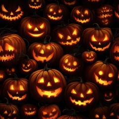Glowing carved pumpkin faces create spooky halloween atmosphere in the dark