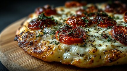 Pizza with tomatoes and herbs on a wooden board close-up shot.
