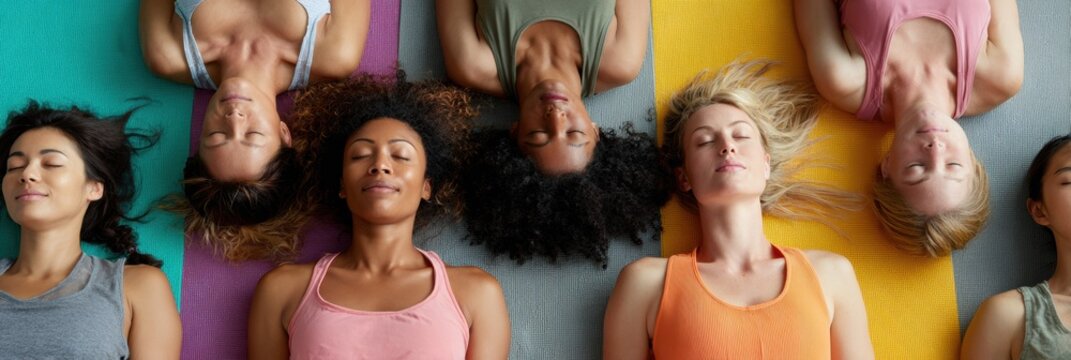 Authentic Group Yoga Class with Women in Savasana Pose Premium Wellness Content for Female Empowerment Marketing and Social Media Campaigns - Powered by Adobe