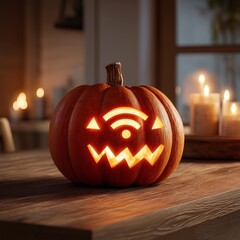 Wi-fi signal pumpkin with carved jack-o'-lantern face glowing indoors on wooden table