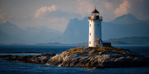 Naklejka premium Premium Authentic Lighthouse on Rocky Island with Sea and Mountains Modern Maritime Safety and Travel Concept for Inspiring Marketing Content