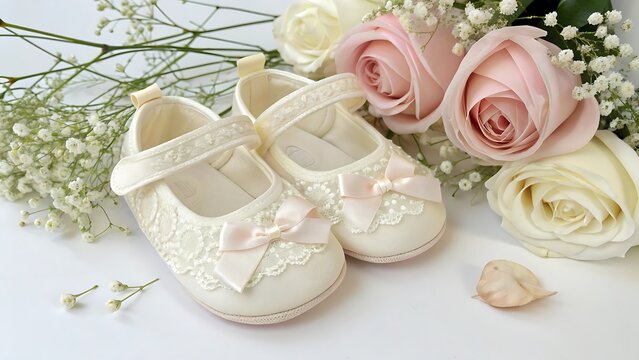 Delicate white baby shoes adorned with lace and ribbon next to soft pink and cream roses