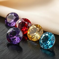 Fototapeta premium Collection of colorful faceted gemstones sparkling on a dark surface