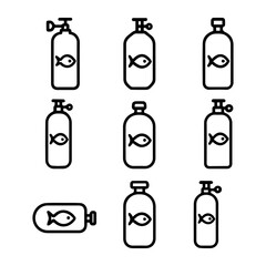 Scuba Tank Icons with Fish Symbol Black Outline Various Valve Styles.