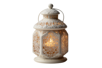 A Christmas candle lantern with snowflake cutouts, isolated on a transparent background.