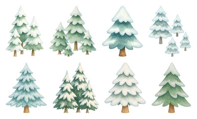 Obraz premium PNG Whimsical snowy pine trees illustration, element set on transparent background