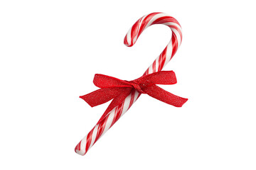 A Christmas candy cane tied with red ribbon, isolated on a transparent background.