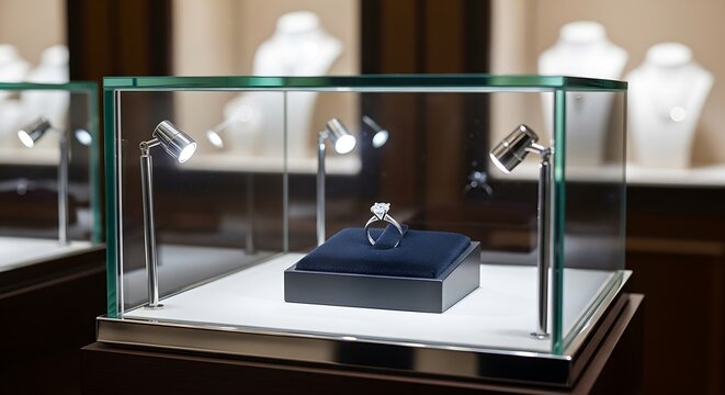 A diamond engagement ring displayed in a sophisticated jewelry store showcase, highlighted by modern spotlights.
