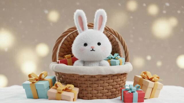 A sweet fluffy bunny is nestled in basket filled with presents during gentle snowfall, creating magical winter scene.