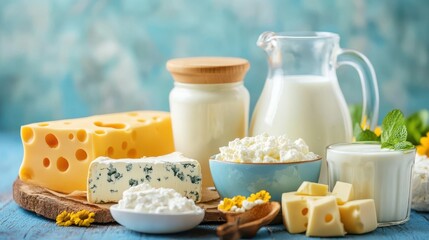 Delicious dairy delights showcasing fresh milk, creamy cheeses, and cottage cheese for a healthy and vibrant lifestyle concept