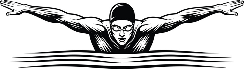 Professional swimmer illustration, butterfly stroke, competitive swimming design, aquatic sports vector, fitness training artwork, athlete performance, water sports graphic, endurance