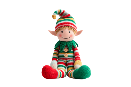 A Christmas elf wearing striped stockings, isolated on a transparent background. - Powered by Adobe