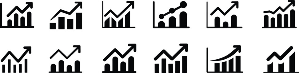 Collection of business growth chart icons with rising bar graphs, financial analytics, profit increase, data visualization, market trends, economic success, strategy planning illustration