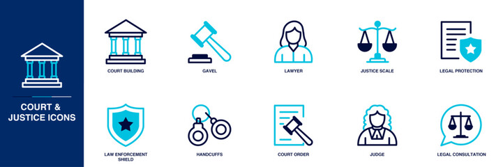 Court and Justice Blue Colored Outline Icon Set