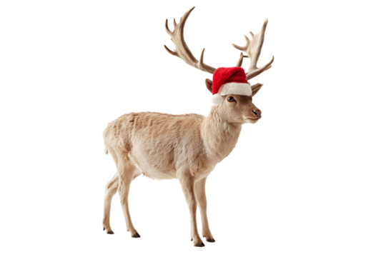 A Christmas reindeer wearing a Santa hat, isolated on a transparent background.