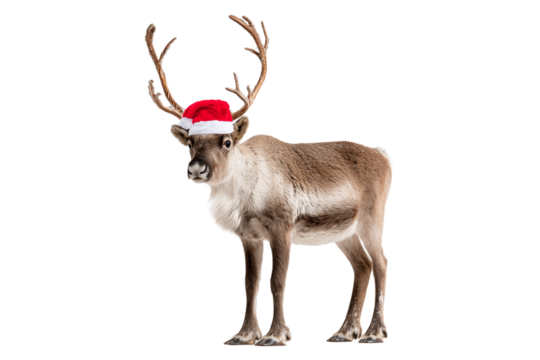 A Christmas reindeer wearing a Santa hat, isolated on a transparent background.