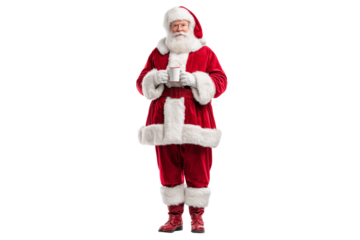 A Christmas Santa Claus drinking hot cocoa, isolated on a transparent background.