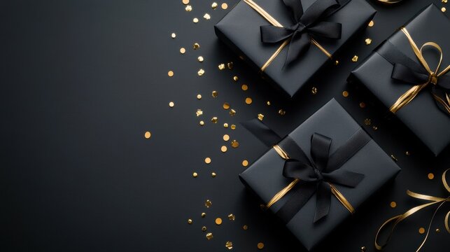 Elegant gifts wrapped in black with gold ribbons and confetti, perfect for luxury branding or holiday promotions and sophisticated celebrations